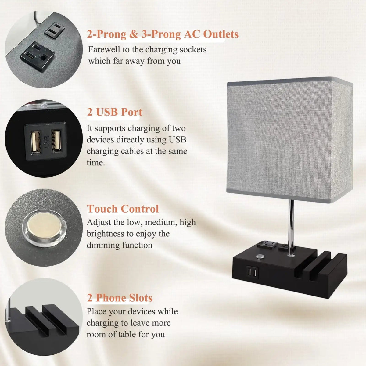 SZRSTH 15.7" Bedside Table Lamp for Bedroom, Dual Fast USB Charging Ports, Fully Dimmable Nightstand Lamps - Sleep Galleria - Sleep Galleria