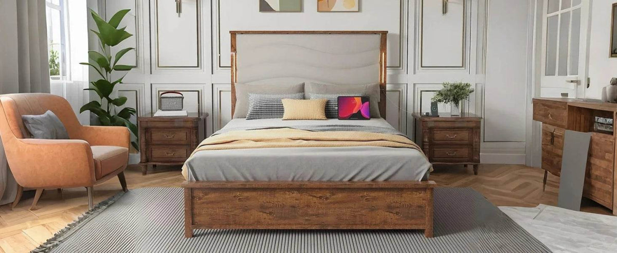 Tall Headboard Queen Bed Frame, Storage&Led Lights & Charging Station, Noise-Free/No Box Spring Needed, Metal Platform Bed Frame - Omega Lifestyles