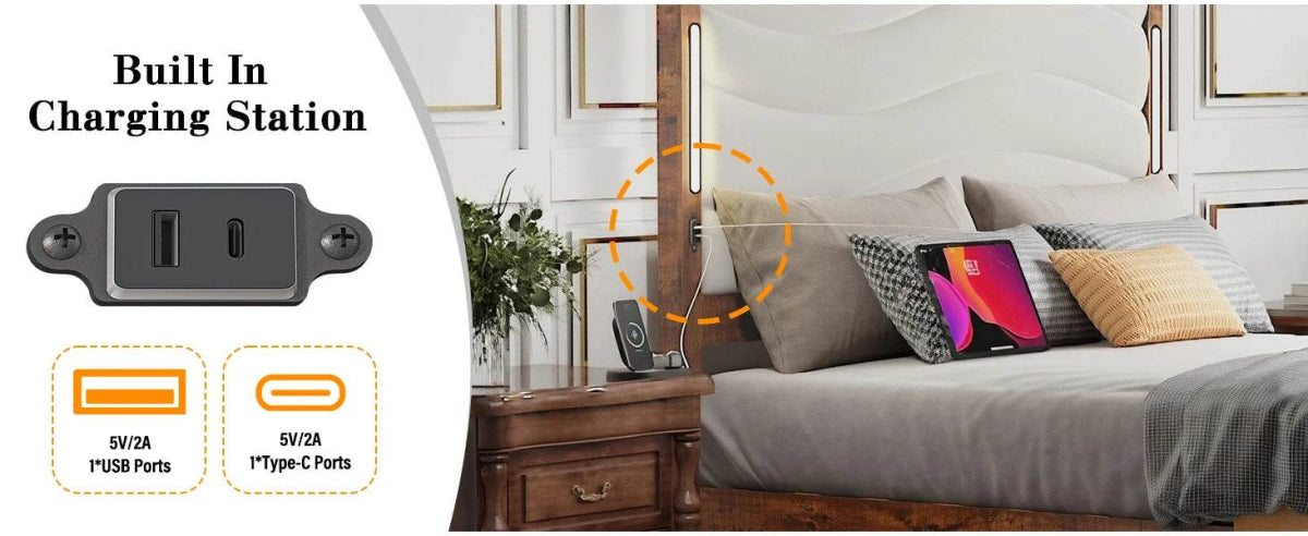 Tall Headboard Queen Bed Frame, Storage&Led Lights & Charging Station, Noise-Free/No Box Spring Needed, Metal Platform Bed Frame - Omega Lifestyles