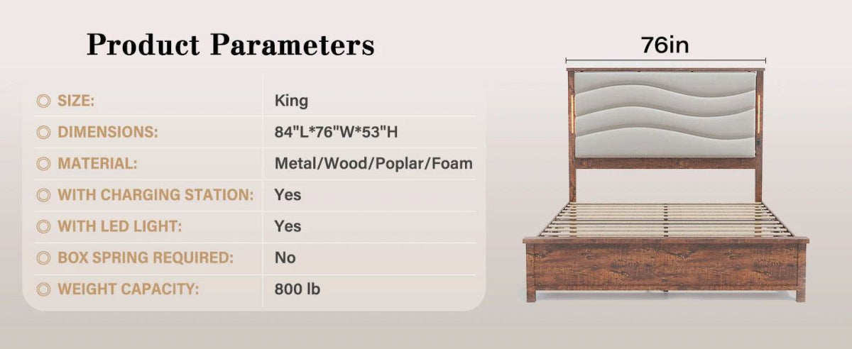 Tall Headboard Queen Bed Frame, Storage&Led Lights & Charging Station, Noise-Free/No Box Spring Needed, Metal Platform Bed Frame - Omega Lifestyles