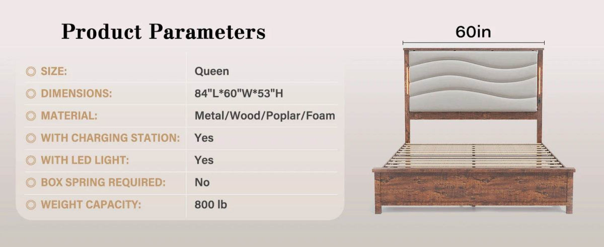 Tall Headboard Queen Bed Frame, Storage&Led Lights & Charging Station, Noise-Free/No Box Spring Needed, Metal Platform Bed Frame - Omega Lifestyles