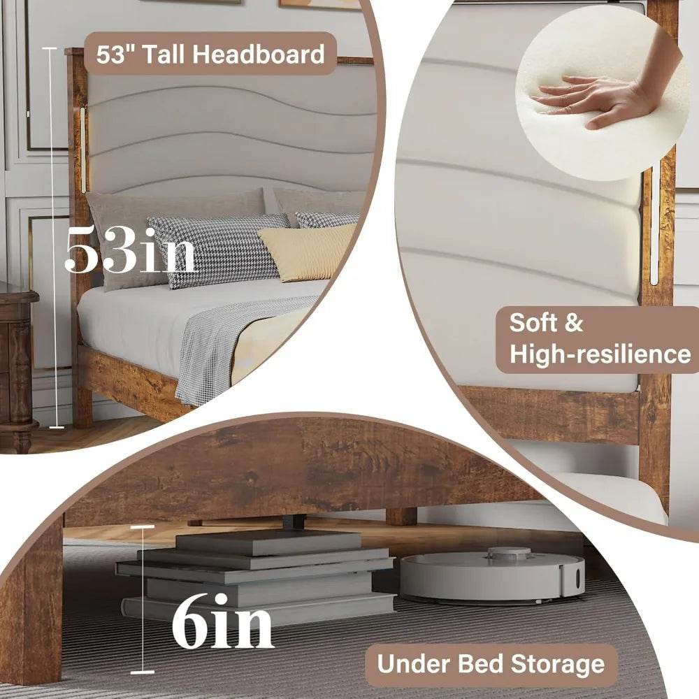 Tall Headboard Queen Bed Frame, Storage&Led Lights & Charging Station, Noise-Free/No Box Spring Needed, Metal Platform Bed Frame - Omega Lifestyles