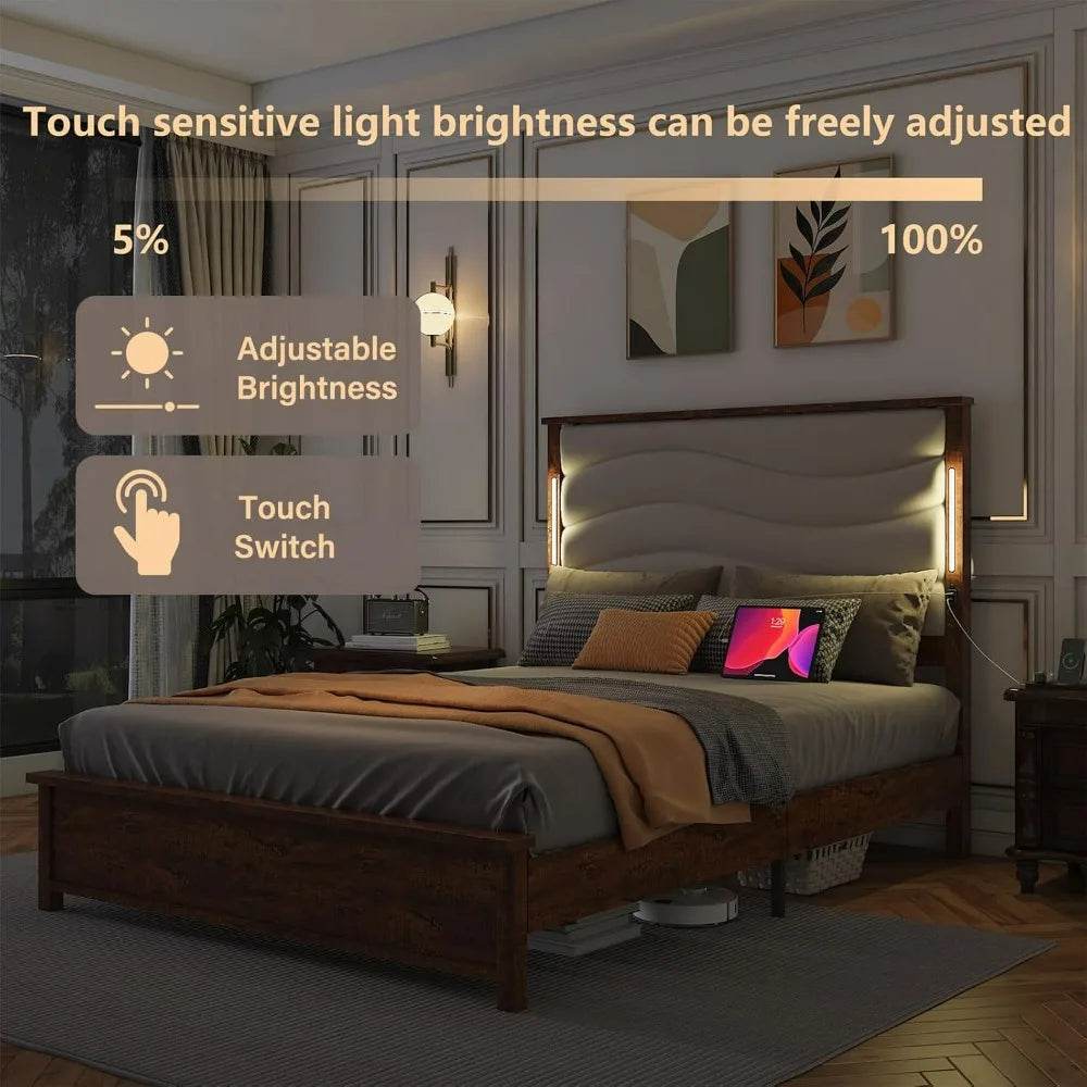Tall Headboard Queen Bed Frame, Storage&Led Lights & Charging Station, Noise-Free/No Box Spring Needed, Metal Platform Bed Frame - Omega Lifestyles