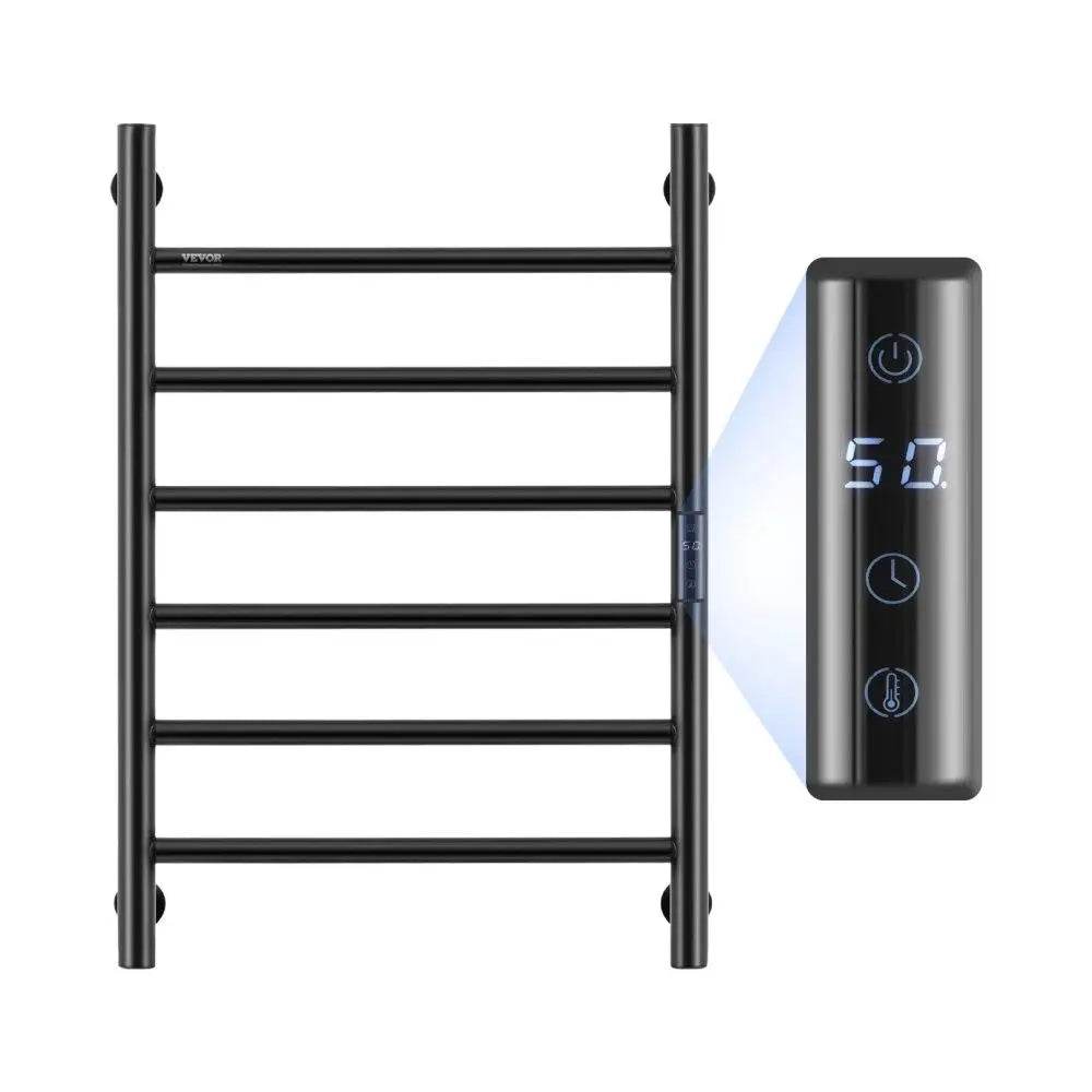 Towel Warmer Heated Rack Wall Mounted Bathroom Electric Plug in Drying 6 Bars Matte Black - Sleep Galleria