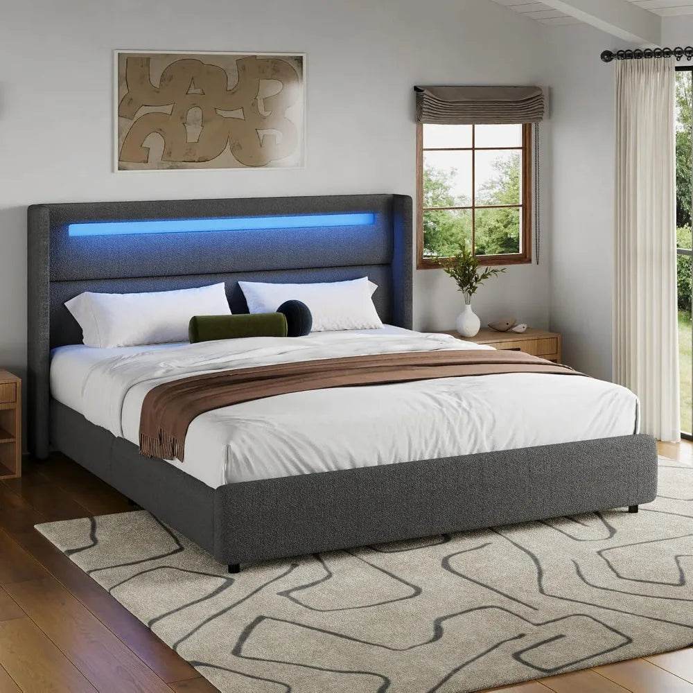 Upholstered LED Bed Frame with Wingback Headboard, Soft Boucle Queen Size Platform Bed with Mattress Foundation - Omega Lifestyles