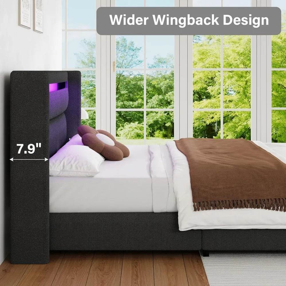 Upholstered LED Bed Frame with Wingback Headboard, Soft Boucle Queen Size Platform Bed with Mattress Foundation - Omega Lifestyles