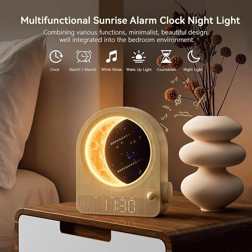 Wake Up Light Sunrise Alarm Clock Dual Alarm Stepless Dimmable Moon Lamp 10 Soothing Sounds Sleep Timer Night Light - Omega Lifestyles