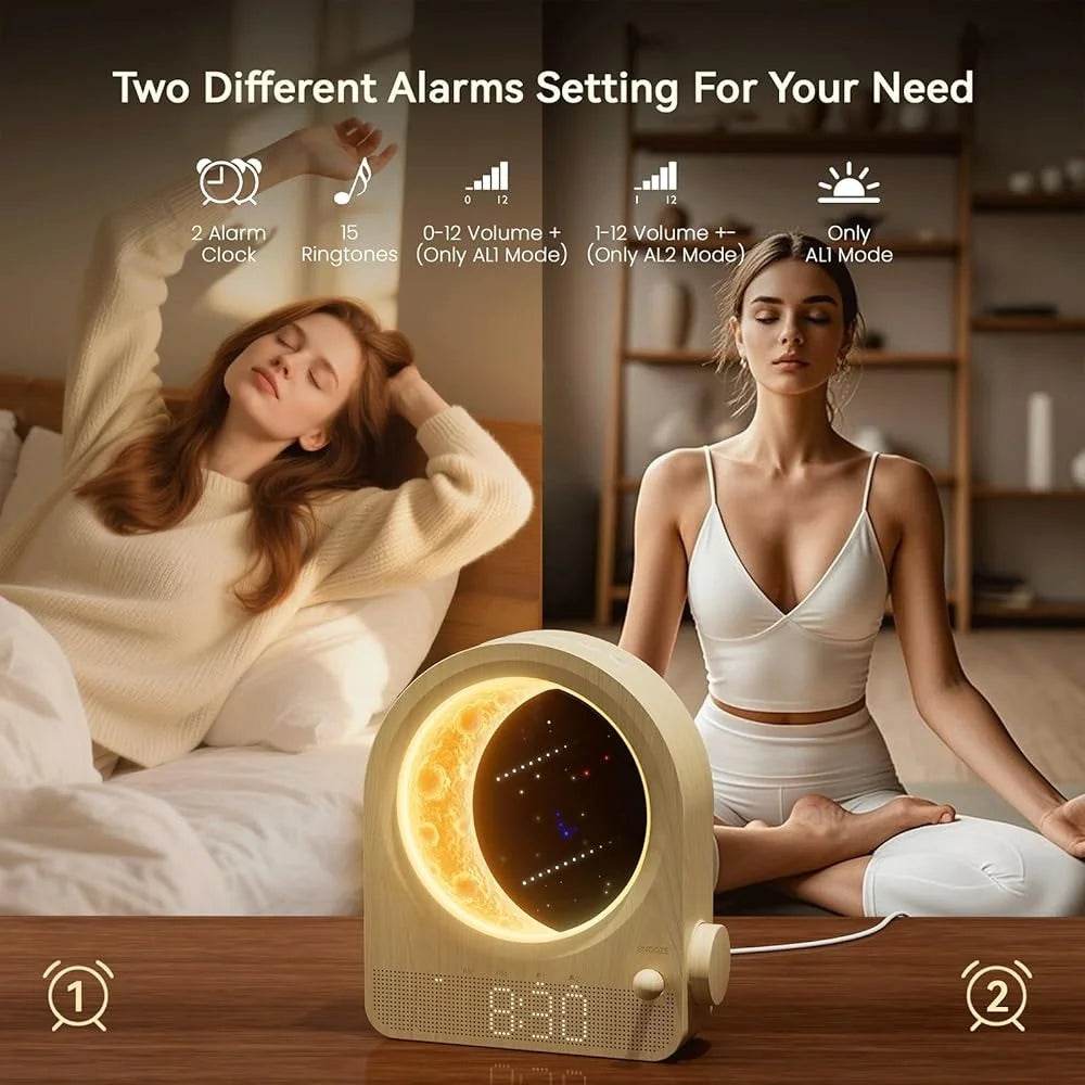 Wake Up Light Sunrise Alarm Clock Dual Alarm Stepless Dimmable Moon Lamp 10 Soothing Sounds Sleep Timer Night Light - Omega Lifestyles