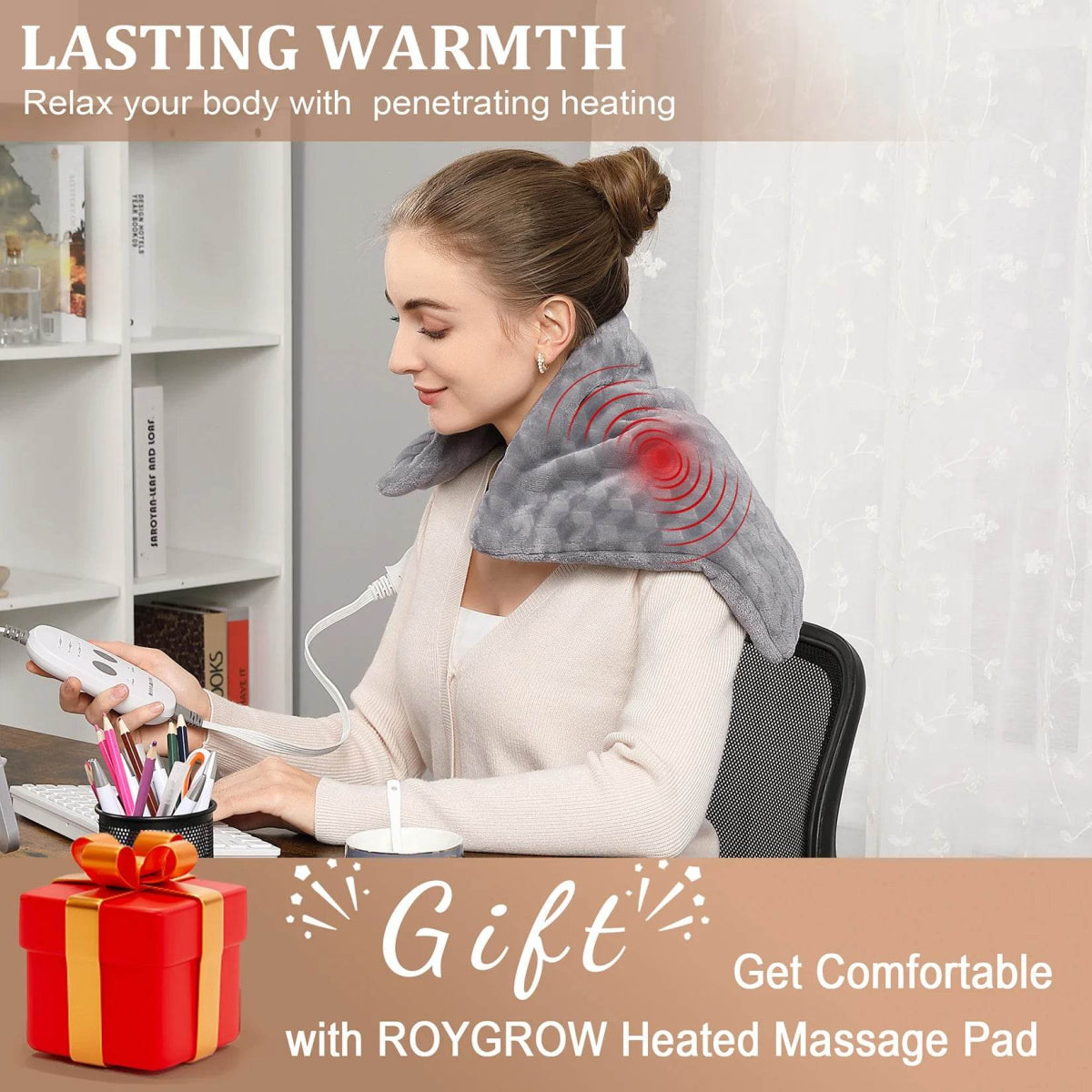 Weighted Heating Pad with Massager, Electric Heating Pad for Back with Massaging Vibration, 3 Heating Levels & 3 Massage Types - Omega Lifestyles