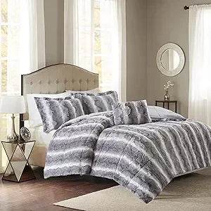 Zuri Soft Plush Comforter Set, Faux Fur Animal Stripes Design, Faux Mink On The Reverse, Modern All Season Bedding Set with Mat - Omega Lifestyles