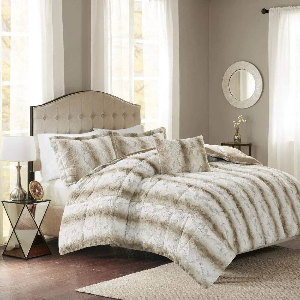 Zuri Soft Plush Comforter Set, Faux Fur Animal Stripes Design, Faux Mink On The Reverse, Modern All Season Bedding Set with Mat - Omega Lifestyles