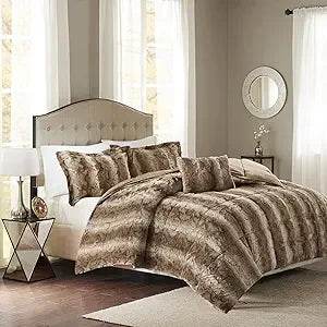 Zuri Soft Plush Comforter Set, Faux Fur Animal Stripes Design, Faux Mink On The Reverse, Modern All Season Bedding Set with Mat - Omega Lifestyles