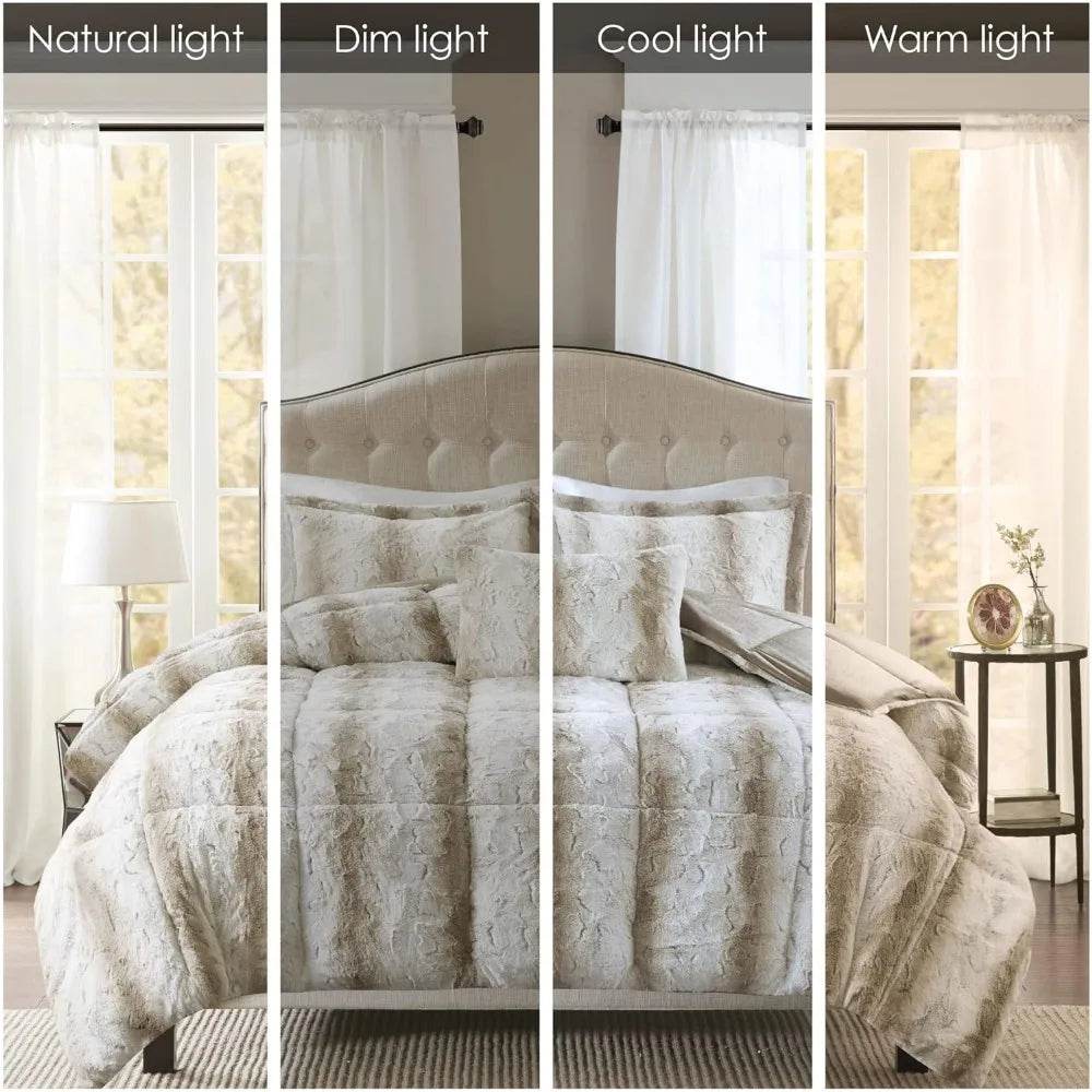 Zuri Soft Plush Comforter Set, Faux Fur Animal Stripes Design, Faux Mink On The Reverse, Modern All Season Bedding Set with Mat - Omega Lifestyles