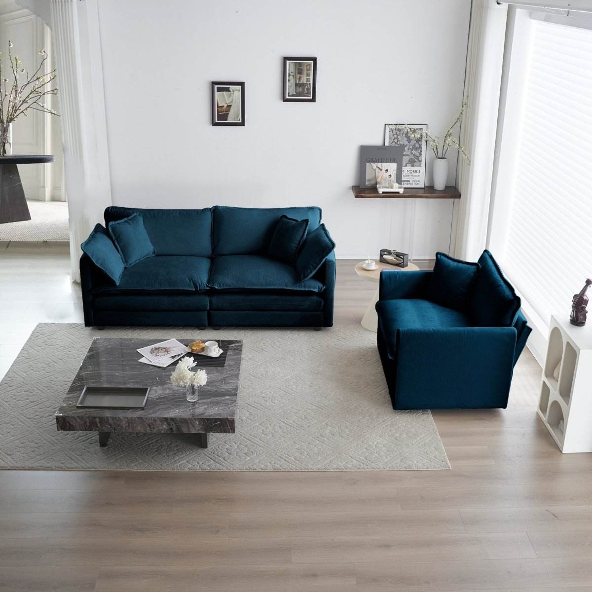 2-Piece Blue Chenille Upholstered Loveseat And Chair Set - Sleep Galleria