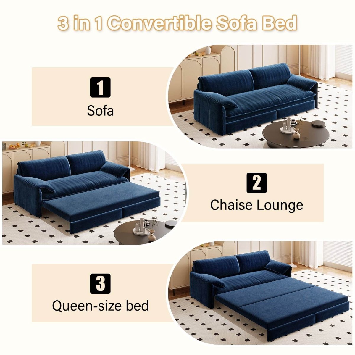 3 - In - 1 Convertible Velvet Queen Sleeper Sofa Bed With Storage - Slumberine - Omega Lifestyles