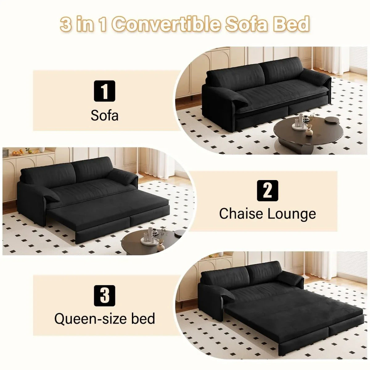 3-In-1 Convertible Velvet Queen Sleeper Sofa Bed With Storage - Omega Lifestyles