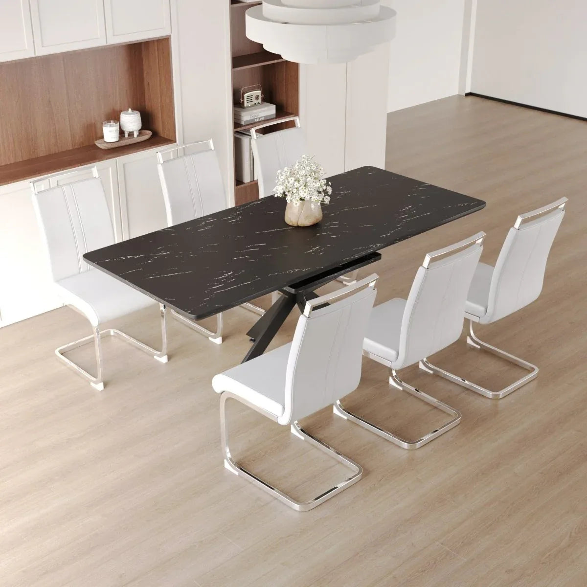 Expandable MDF Metal Dining Table Set With 6 Cushioned Chairs - Omega Lifestyles