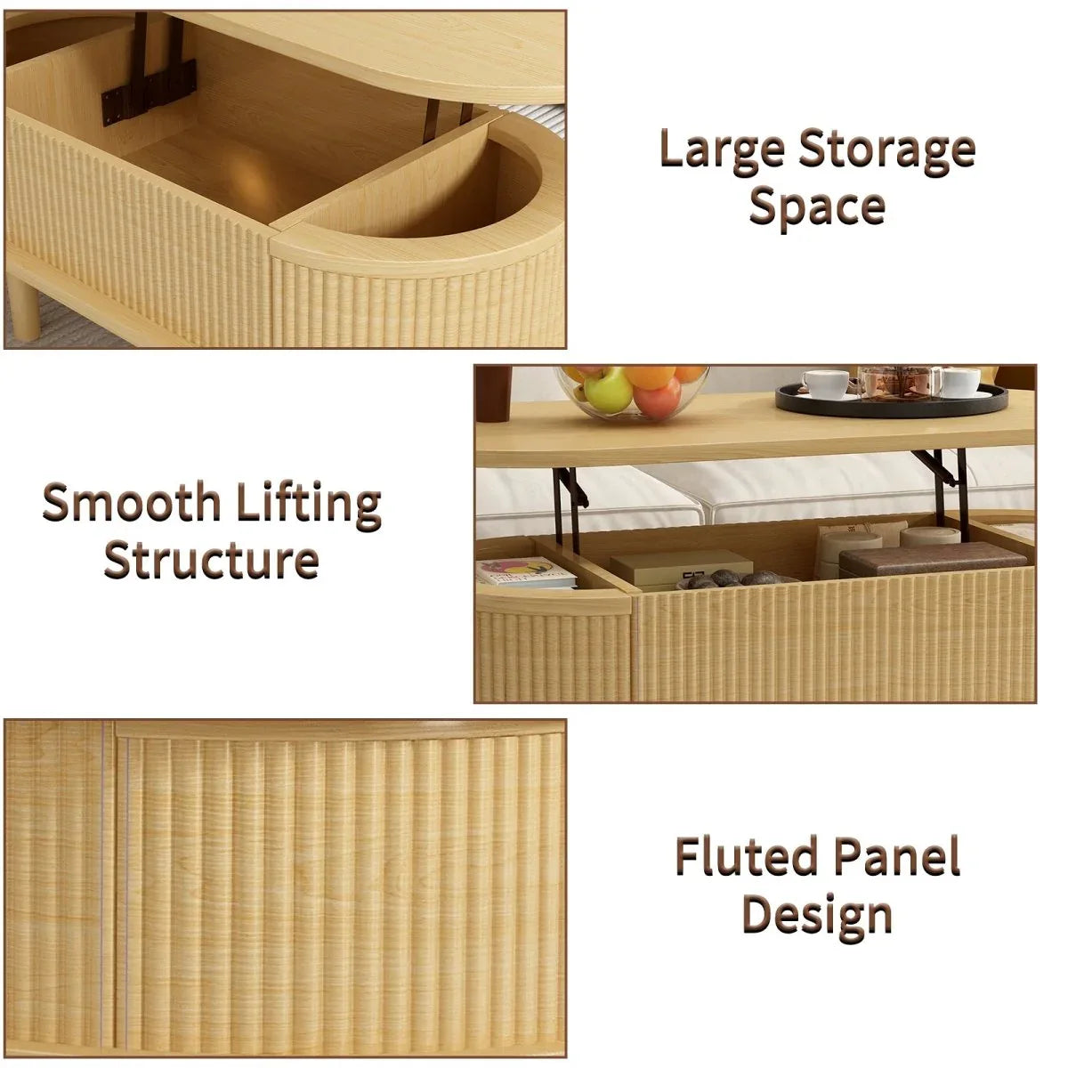 Fluted Lift Top Modern Wooden Coffee Table With Storage - Omega Lifestyles