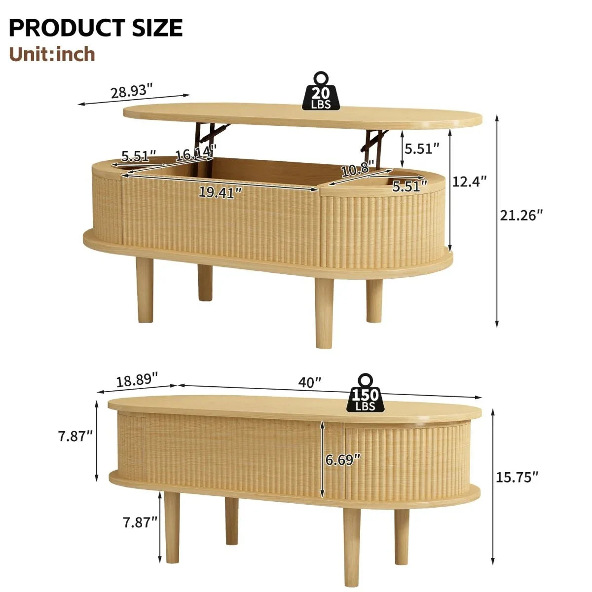 Fluted Lift Top Modern Wooden Coffee Table With Storage - Omega Lifestyles