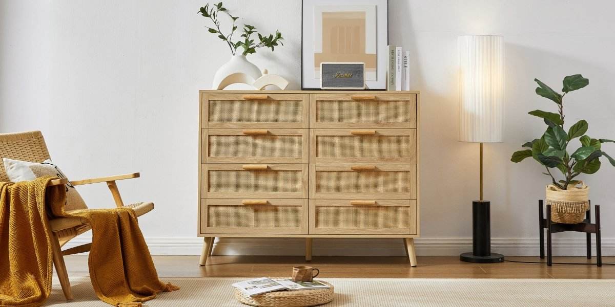 Natural Particleboard Cabinet With Rattan Drawers - Sleep Galleria