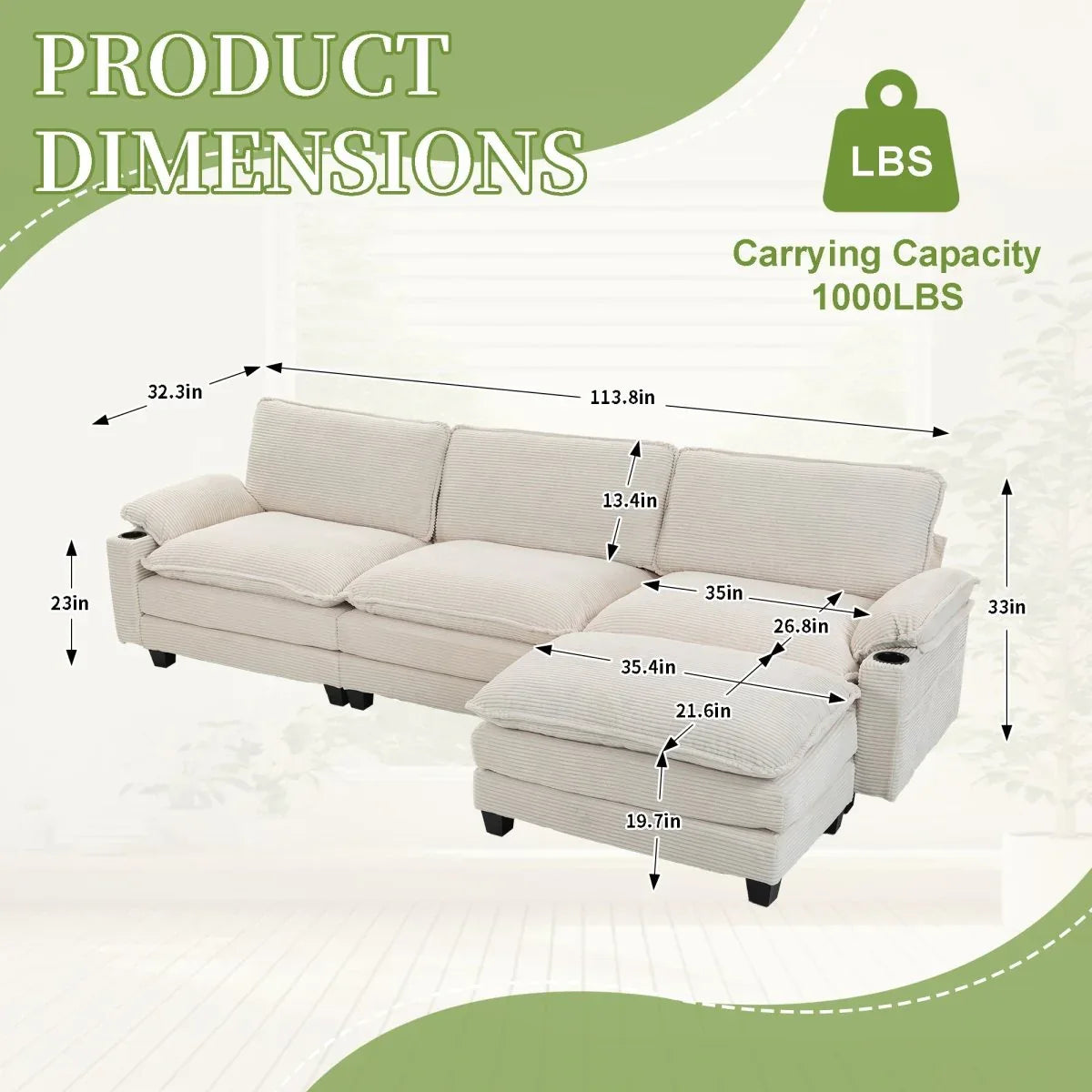 Oversized Corduroy 3-Seater Sofa With Ottoman - Omega Lifestyles