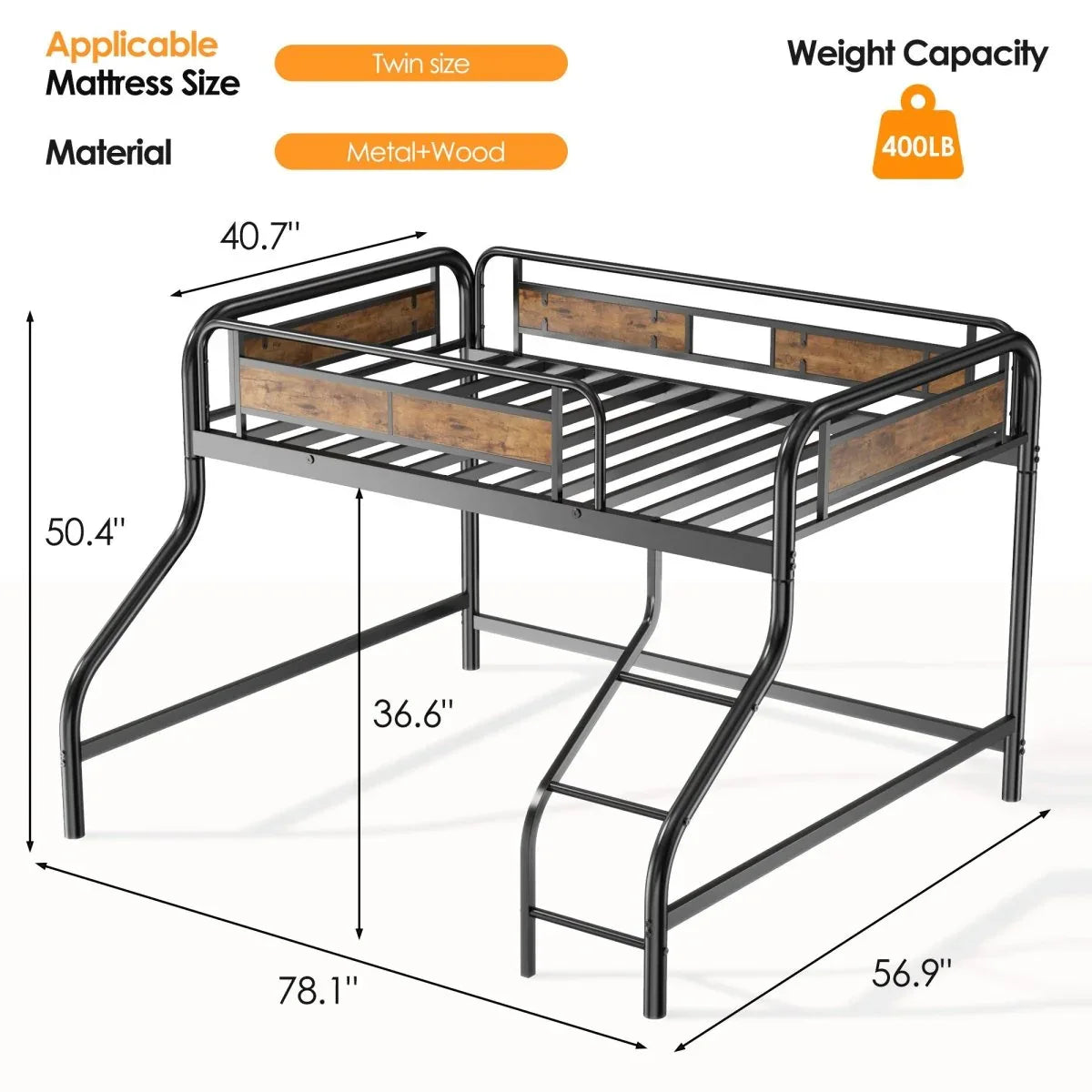 Twin Industrial Metal Low Loft Bunk Bed With Stairs Guardrail - Omega Lifestyles
