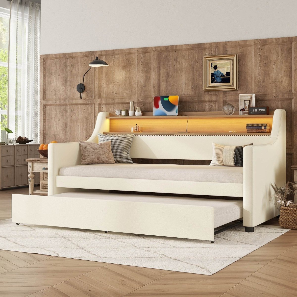 Twin PU Leather Daybed With Trundle Charging Station And LED Light - Sleep Galleria