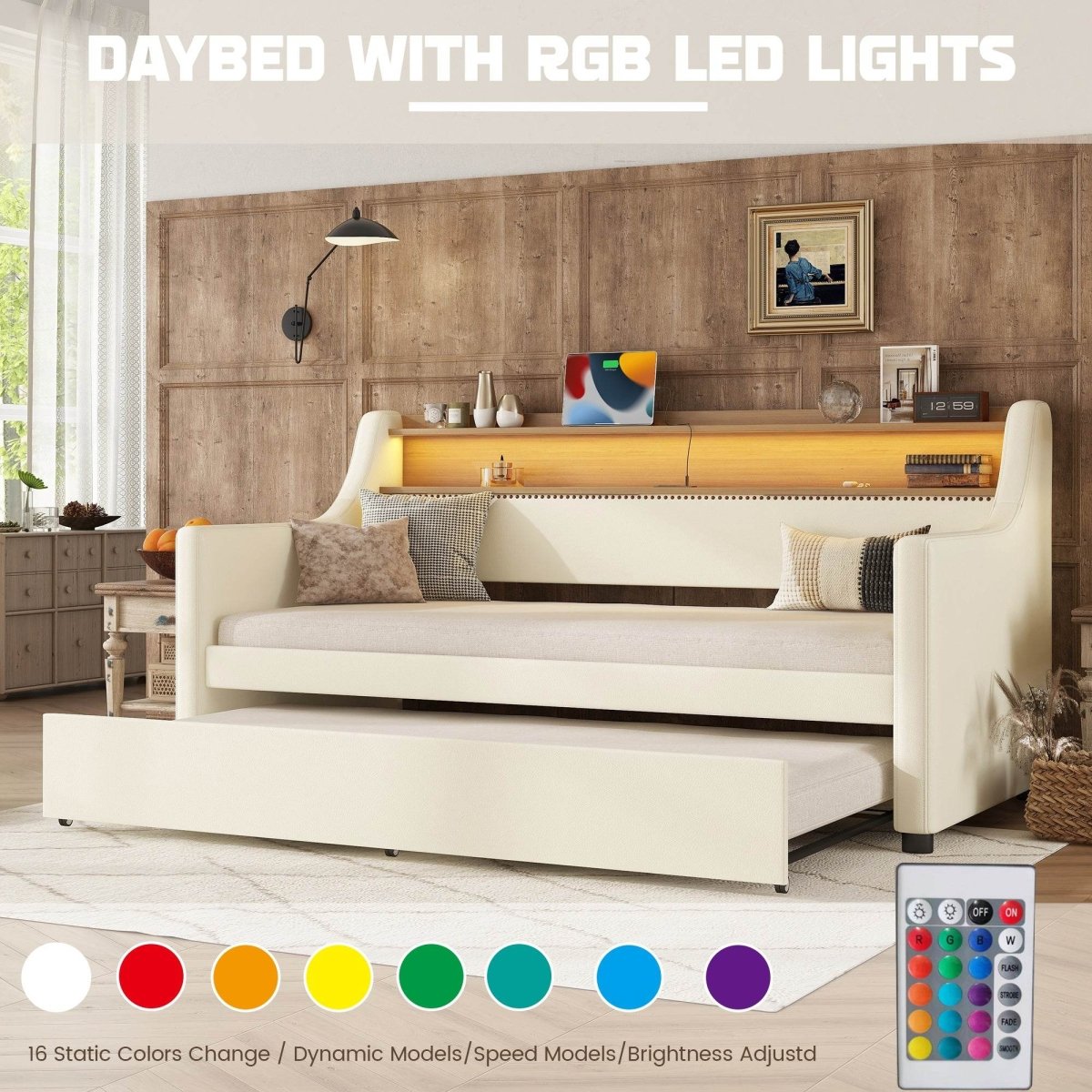 Twin PU Leather Daybed With Trundle Charging Station And LED Light - Sleep Galleria