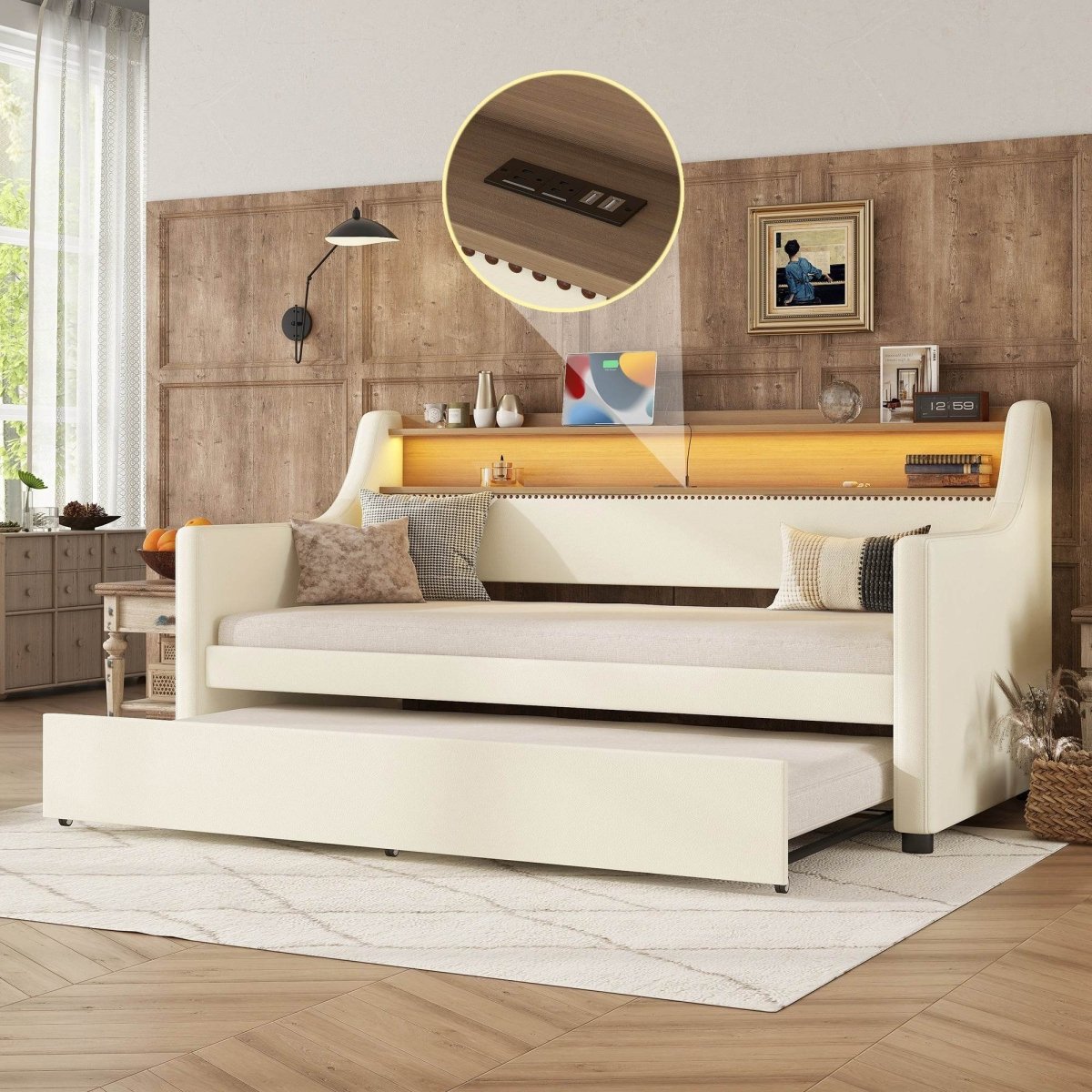 Twin PU Leather Daybed With Trundle Charging Station And LED Light - Sleep Galleria