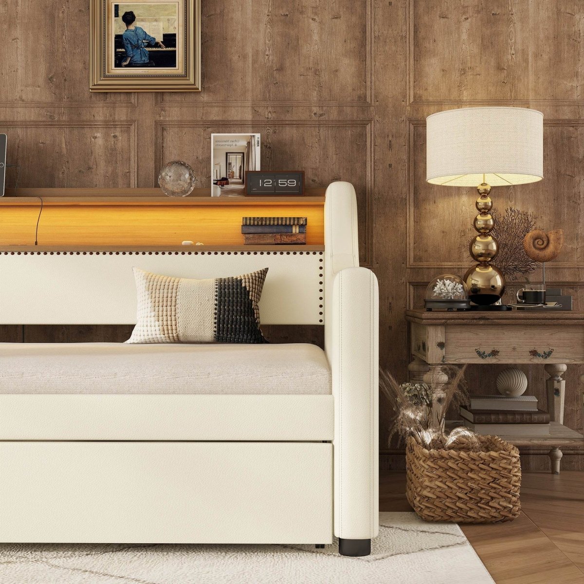 Twin PU Leather Daybed With Trundle Charging Station And LED Light - Sleep Galleria