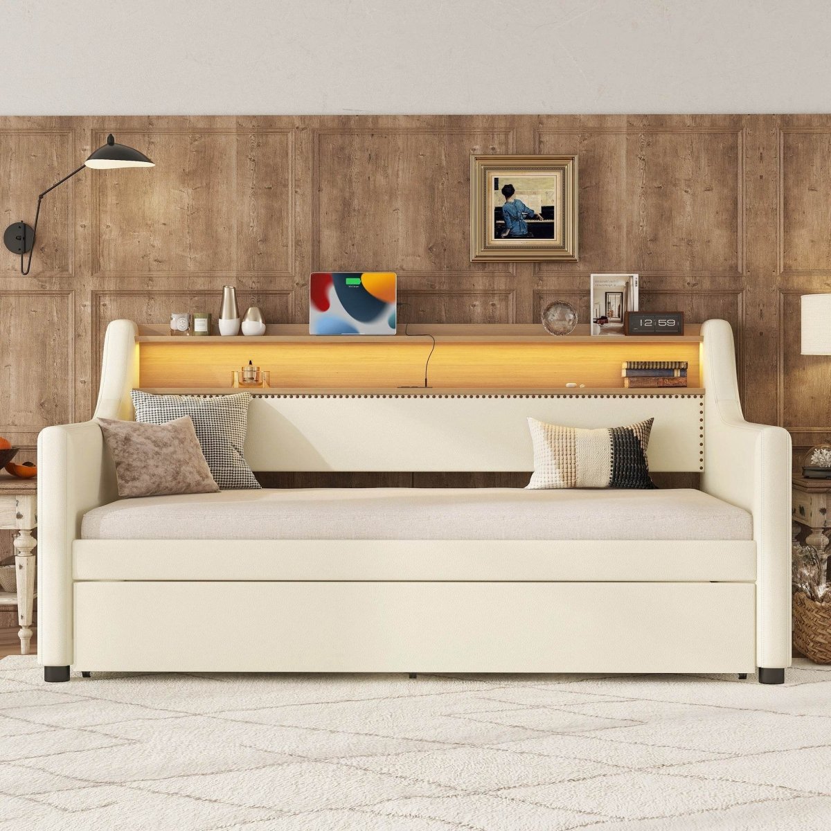Twin PU Leather Daybed With Trundle Charging Station And LED Light - Sleep Galleria