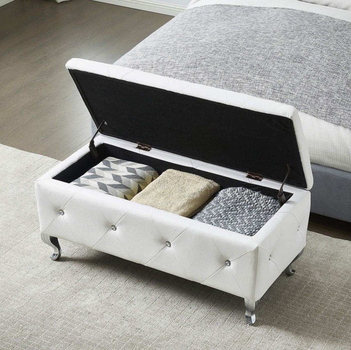 Upholstered Faux Leather Storage Bench With Crystal Buttons - Sleep Galleria