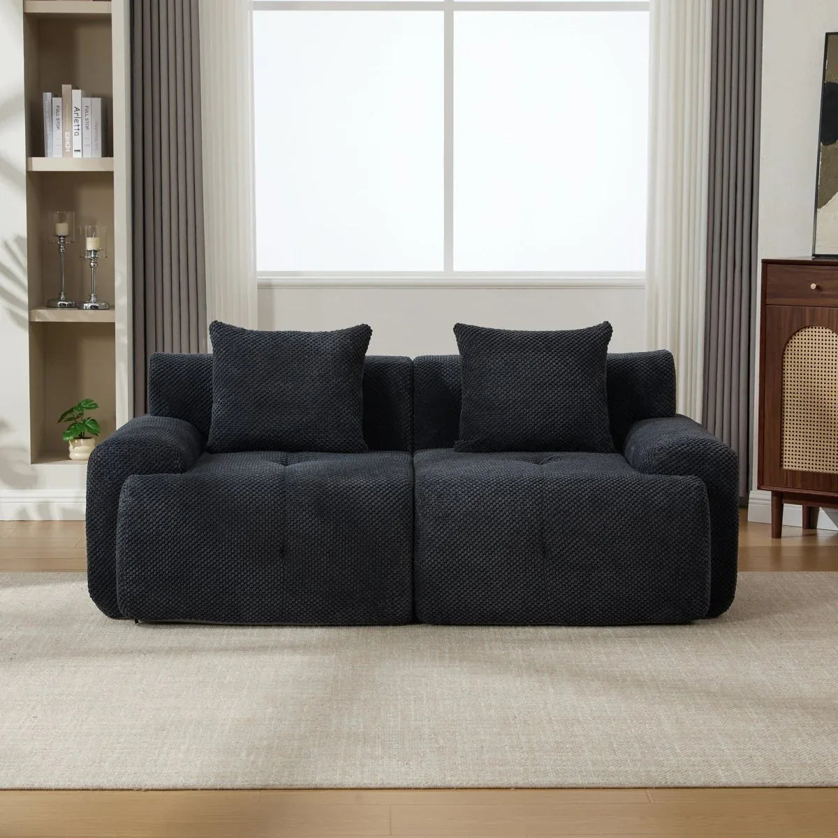 Charcoal Tufted Comfy Fuzzy Fabric Loveseat With Pillows - Omega Lifestyles