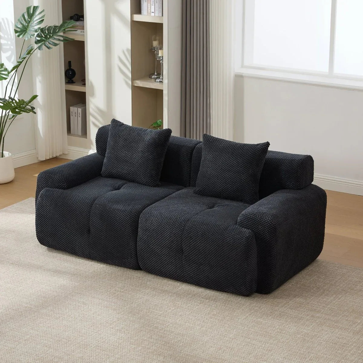 Charcoal Tufted Comfy Fuzzy Fabric Loveseat With Pillows - Omega Lifestyles