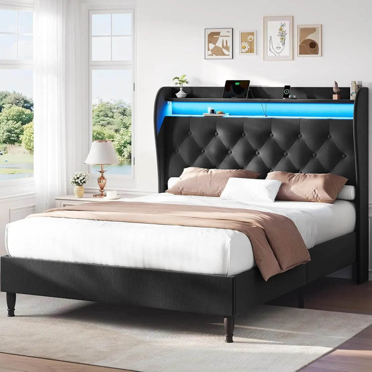 Corduroy Upholstered Platform Bed Frame with LED Lighting and Charging Station - Omega Lifestyles