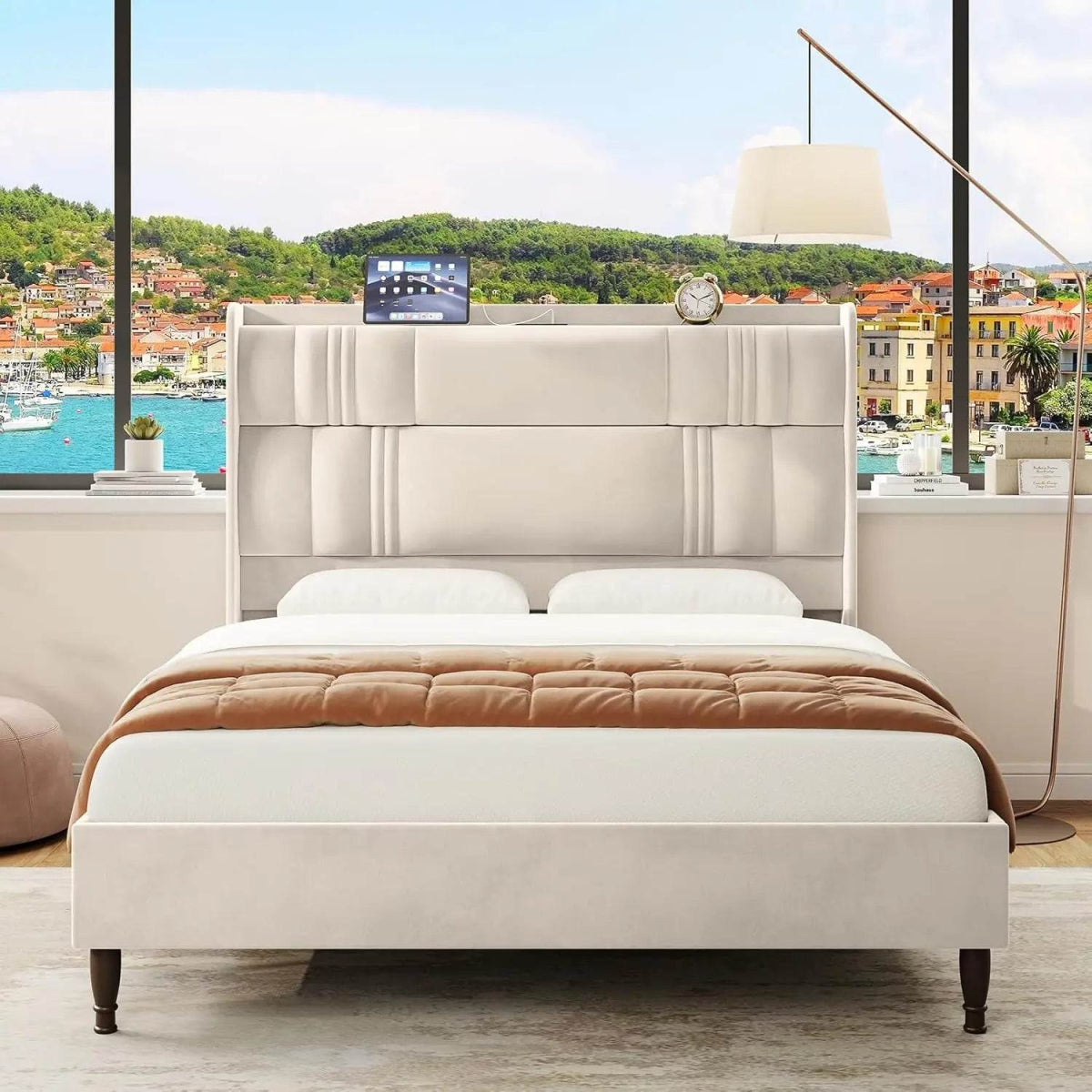 Corduroy Upholstered Platform Bed Frame with LED Lighting and Charging Station - Omega Lifestyles