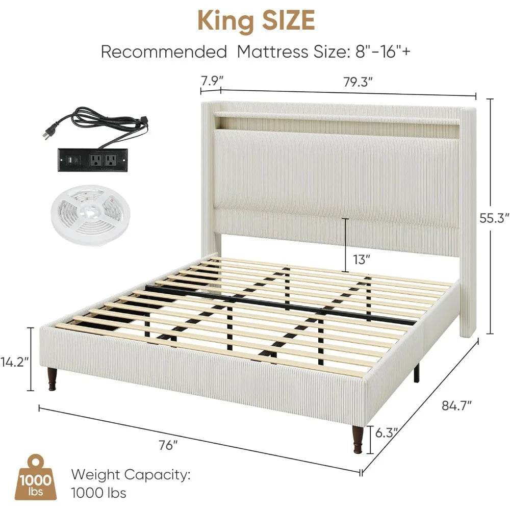 Corduroy Upholstered Platform Bed Frame with LED Lighting and Charging Station - Omega Lifestyles