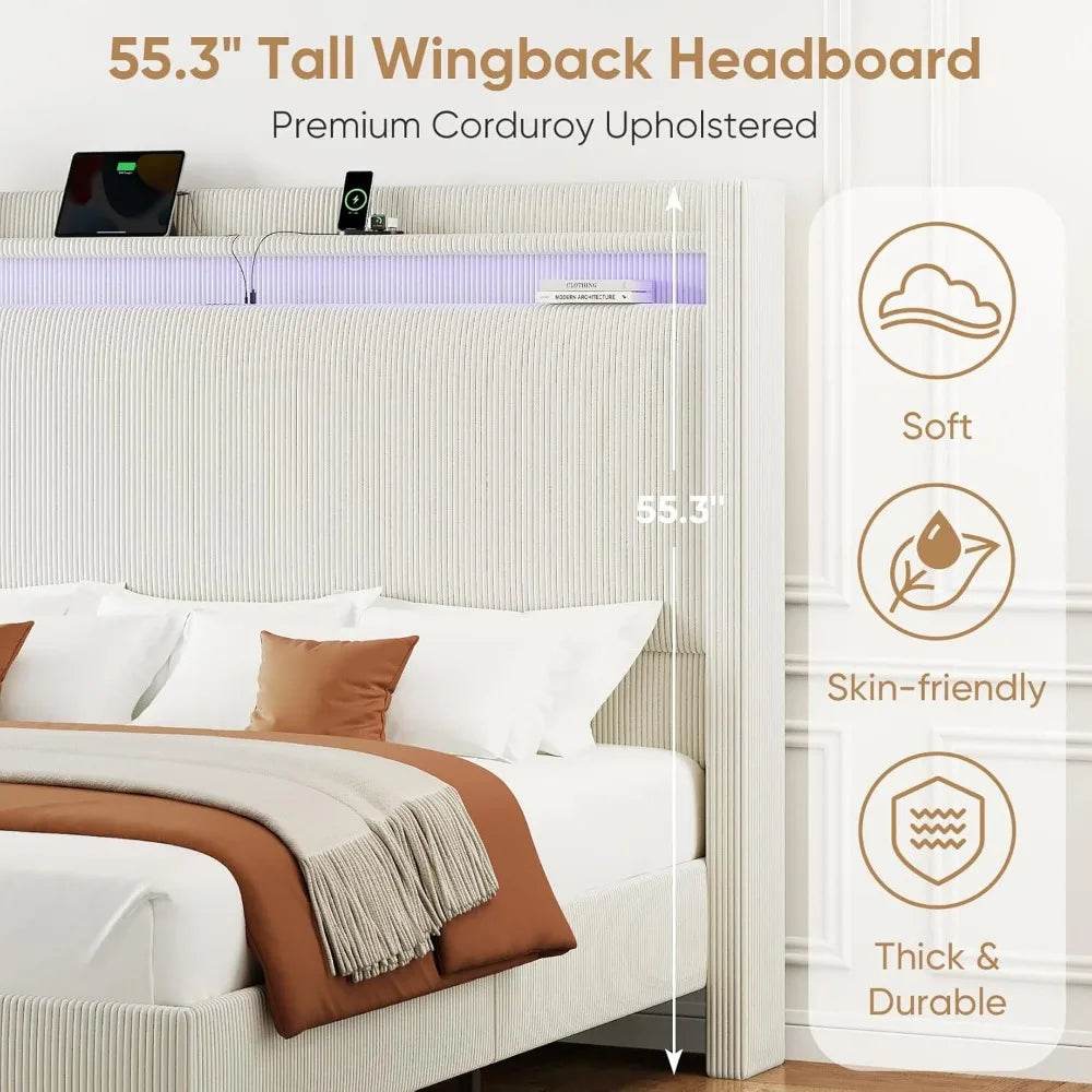 Corduroy Upholstered Platform Bed Frame with LED Lighting and Charging Station - Omega Lifestyles