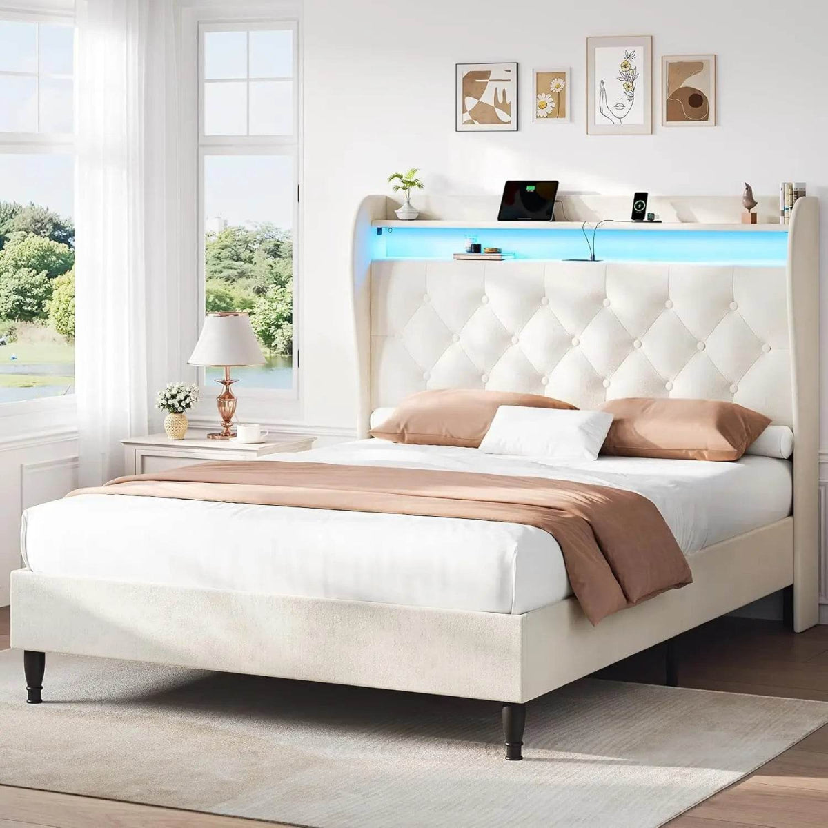 Corduroy Upholstered Platform Bed Frame with LED Lighting and Charging Station - Omega Lifestyles