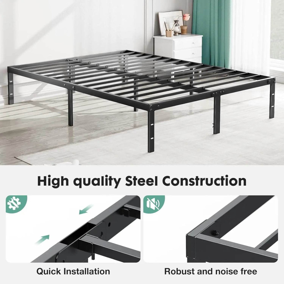 Heavy-Duty Metal Platform Bed Frame with Elevated Storage - Omega Lifestyles