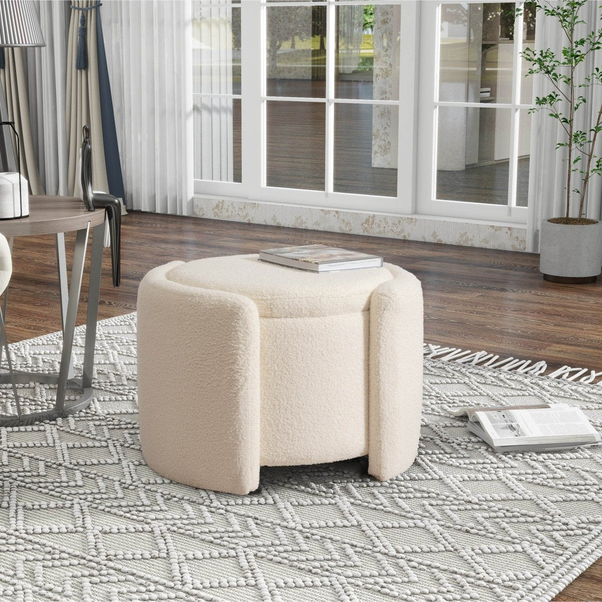 Round Storage Ottoman Soft Teddy Wool Footstool - Omega Lifestyles