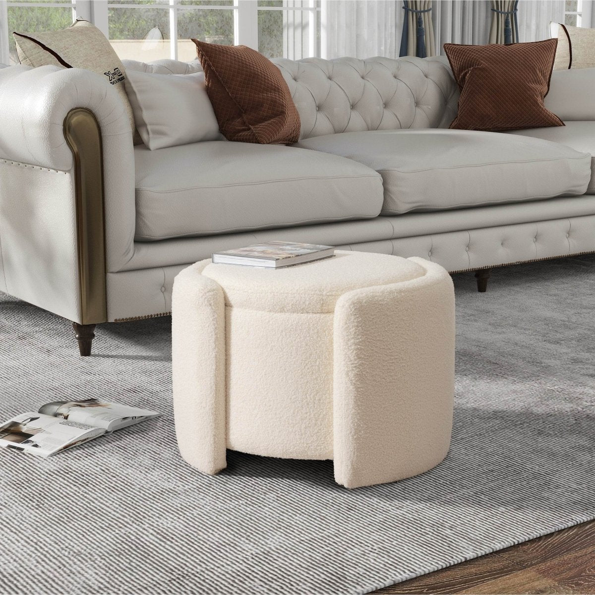 Round Storage Ottoman Soft Teddy Wool Footstool - Omega Lifestyles