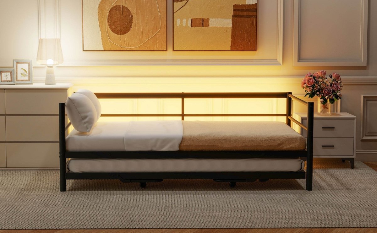 Twin Metal Daybed With LED Lighting And Adjustable Trundle - Sleep Galleria