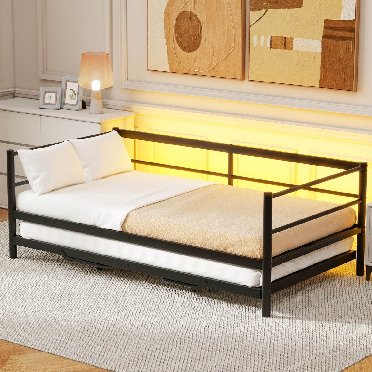 Twin Metal Daybed With LED Lighting And Adjustable Trundle - Sleep Galleria