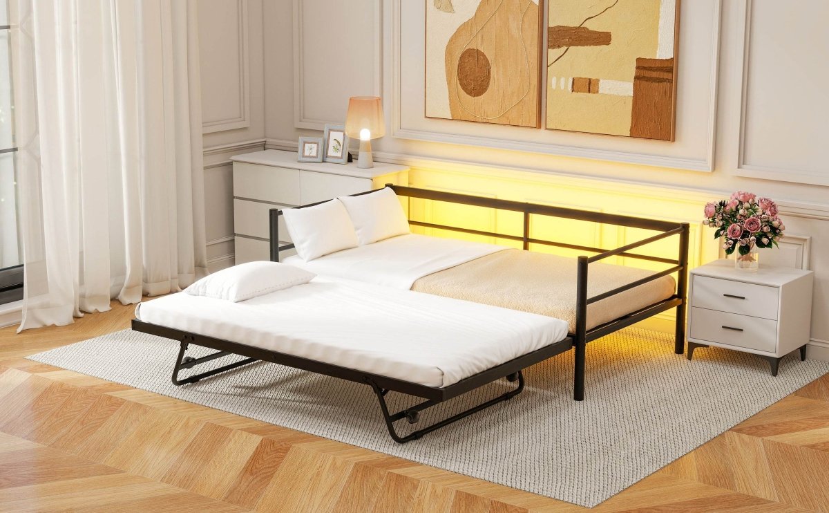 Twin Metal Daybed With LED Lighting And Adjustable Trundle - Sleep Galleria