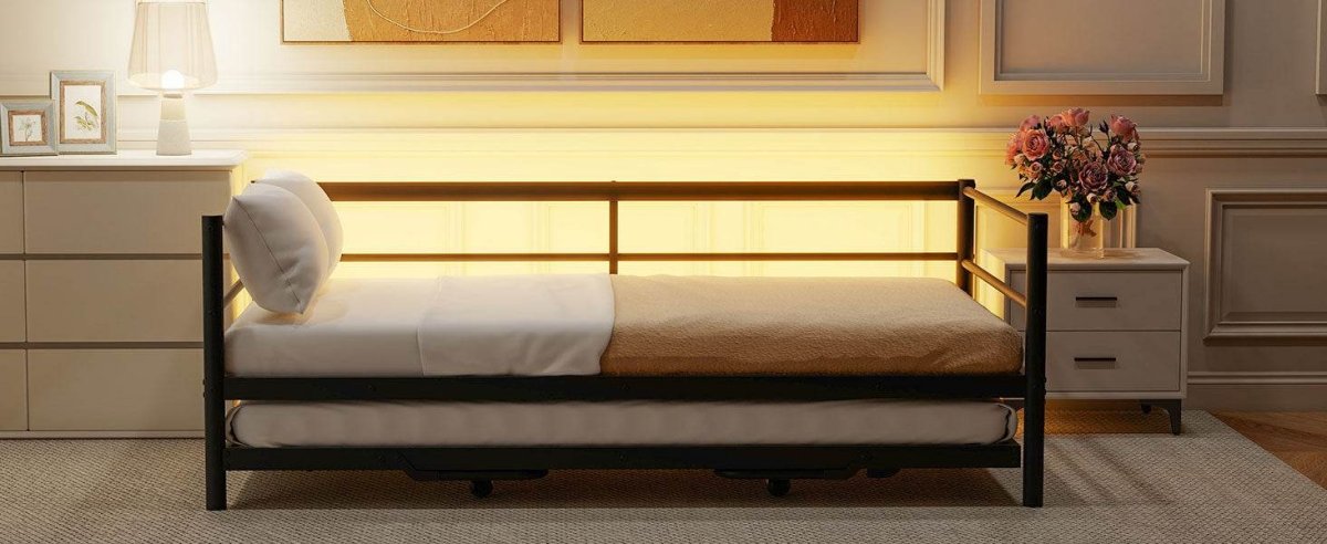 Twin Metal Daybed With LED Lighting And Adjustable Trundle - Sleep Galleria