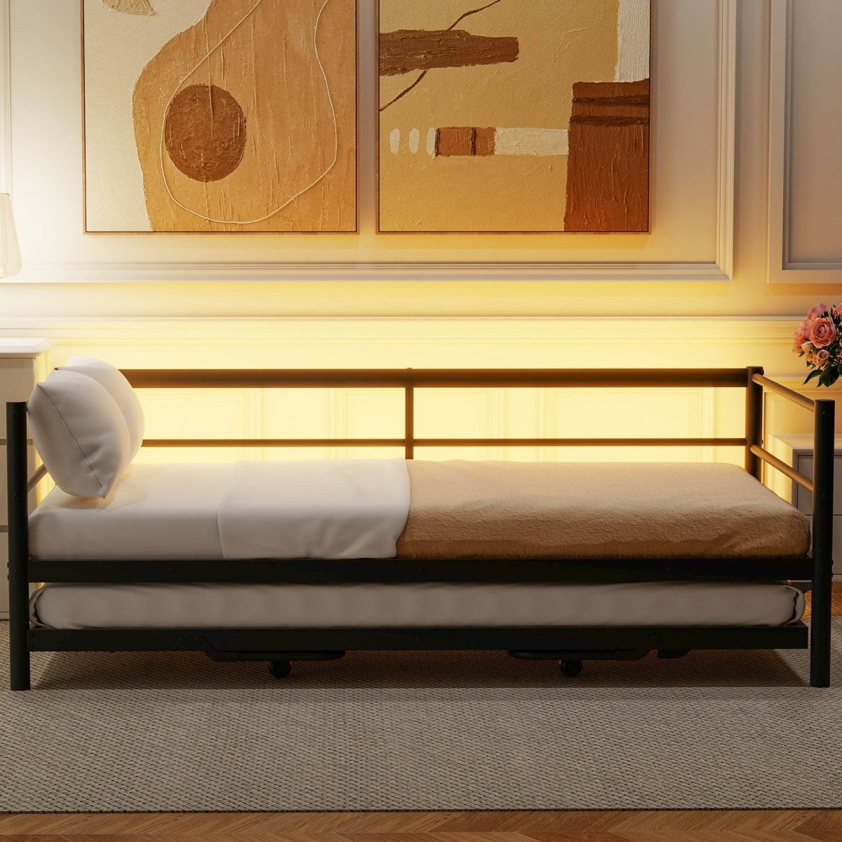 Twin Metal Daybed With LED Lighting And Adjustable Trundle - Sleep Galleria
