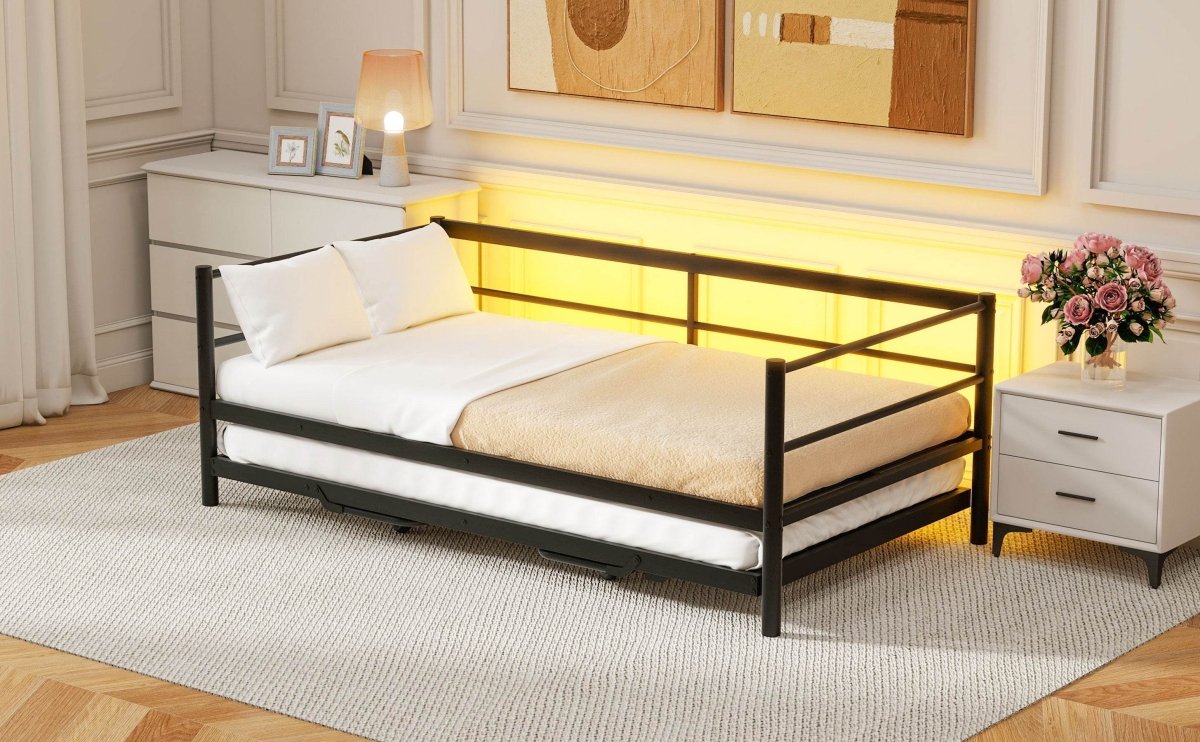 Twin Metal Daybed With LED Lighting And Adjustable Trundle - Sleep Galleria