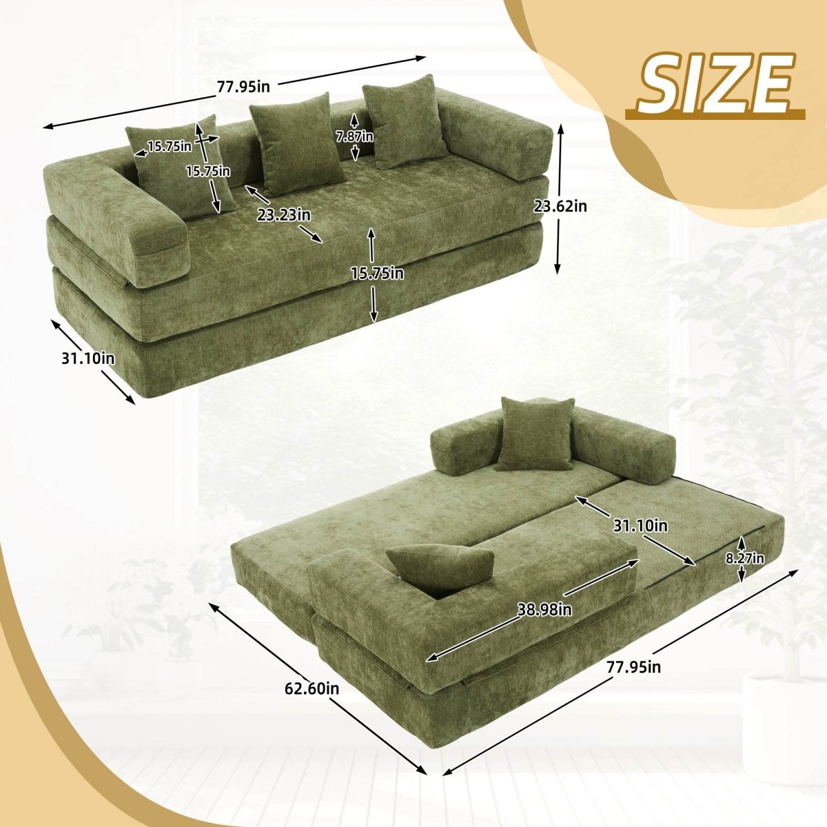 Foldable Chenille Foam Sofa Bed With Removable Cover - SUYOLS - Omega Lifestyles