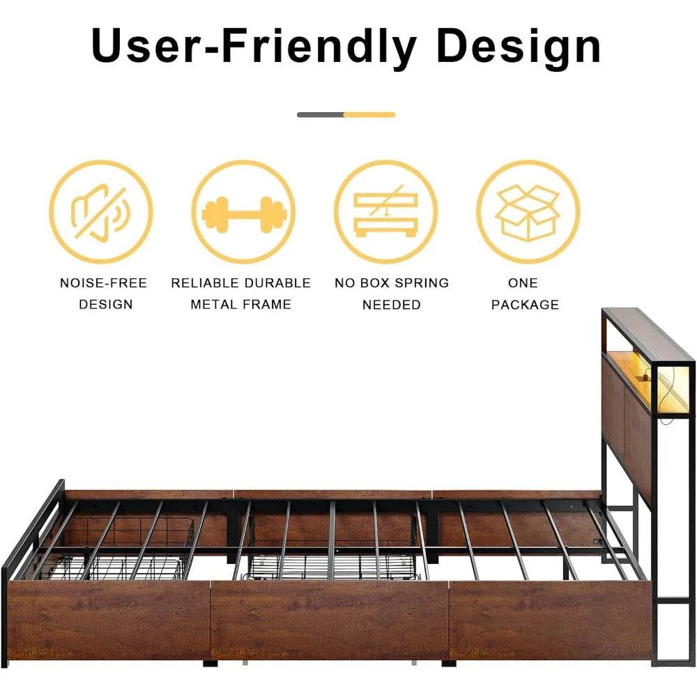 Metal Platform Bed Frame with Storage Headboard, 4 Drawers, LED Lights, and Charging Station - Omega Lifestyles